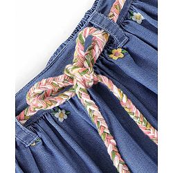 Babyhug 100% Cotton Mid Thigh Length Pleated Denim Skirt Floral Embroidery - Blue