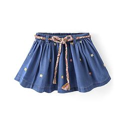 Babyhug 100% Cotton Mid Thigh Length Pleated Denim Skirt Floral Embroidery - Blue