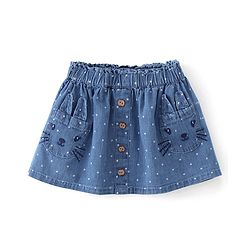 Babyhug Cotton Mid Thigh Skirt With Kitty Embroidery & Dots Print - Blue