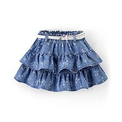 Babyhug Cotton Denim Mid Thigh Length Frill Skirt Floral Print - Blue