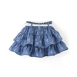 Babyhug Cotton Denim Mid Thigh Length Frill Skirt Floral Print - Blue