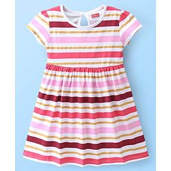 Babyhug 100% Cotton Knit Half Sleeves Frock With Striped - White & Pink