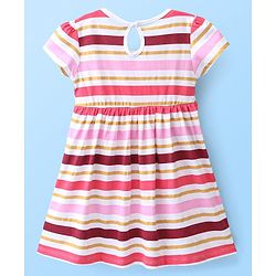 Babyhug 100% Cotton Knit Half Sleeves Frock With Striped - White & Pink