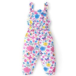 Babyhug 100% Cotton Knit Singlet Jumpsuit with Floral Print - White