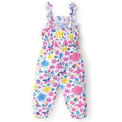 Babyhug 100% Cotton Knit Singlet Jumpsuit with Floral Print - White
