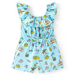Babyhug 100% Cotton Knitted Sleeveless Beach Theme Jumpsuit with Bow Applique - Mint