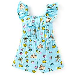 Babyhug 100% Cotton Knitted Sleeveless Beach Theme Jumpsuit with Bow Applique - Mint