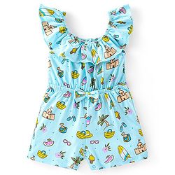 Babyhug 100% Cotton Knitted Sleeveless Beach Theme Jumpsuit with Bow Applique - Mint
