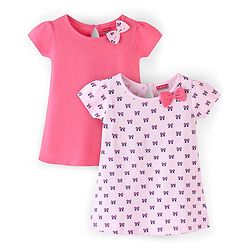 Babyhug 100% Cotton Half Sleeves Bow Print Knitted Frock with Bow Applique Pack Of 2 - Light Pink & Fuschia