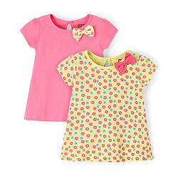 Babyhug 100% Cotton Half Sleeves Floral Print Knitted Frock with Bow Applique Pack Of 2 - Yellow & Fuschia