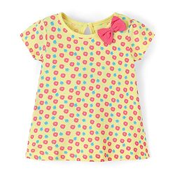 Babyhug 100% Cotton Half Sleeves Floral Print Knitted Frock with Bow Applique Pack Of 2 - Yellow & Fuschia