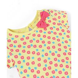 Babyhug 100% Cotton Half Sleeves Floral Print Knitted Frock with Bow Applique Pack Of 2 - Yellow & Fuschia