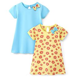 Babyhug 100% Cotton Knit Half Sleeves Floral Print Frock Pack of 2 - Yellow & Blue