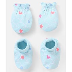 Babyhug 100% Cotton Mittens And Booties Heart & Star Print - Blue