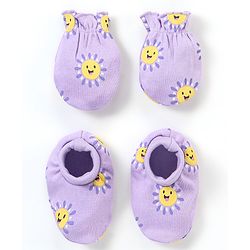 Babyhug 100% Cotton Knit Mittens & Booties Set Sun Print - Purple