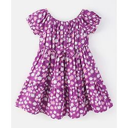 Babyhug Rayon Woven Short Sleeves Frock with Bow Floral Print - Lilac
