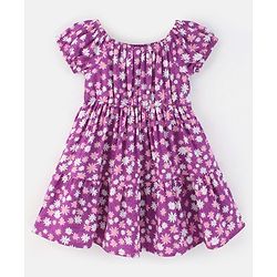 Babyhug Rayon Woven Short Sleeves Frock with Bow Floral Print - Lilac