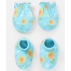 Babyhug 100% Cotton Mittens And Booties Sunflower Print - Blue & Yellow