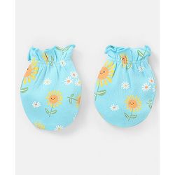 Babyhug 100% Cotton Mittens And Booties Sunflower Print - Blue & Yellow