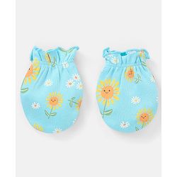 Babyhug 100% Cotton Mittens And Booties Sunflower Print - Blue & Yellow