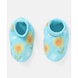 Babyhug 100% Cotton Mittens And Booties Sunflower Print - Blue & Yellow