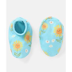 Babyhug 100% Cotton Mittens And Booties Sunflower Print - Blue & Yellow
