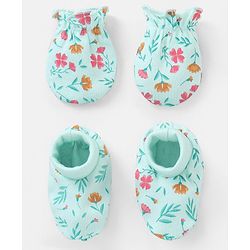 Babyhug 100% Cotton Mittens And Booties Floral Print - Blue