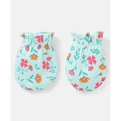 Babyhug 100% Cotton Mittens And Booties Floral Print - Blue