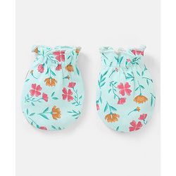 Babyhug 100% Cotton Mittens And Booties Floral Print - Blue