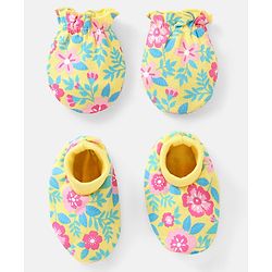 Babyhug 100% Cotton Knit Mittens & Booties Set Floral Print - Yellow