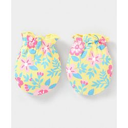 Babyhug 100% Cotton Knit Mittens & Booties Set Floral Print - Yellow