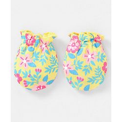 Babyhug 100% Cotton Knit Mittens & Booties Set Floral Print - Yellow