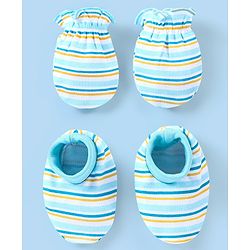 Babyhug 100% Cotton Striped Mittens & Booties - Blue