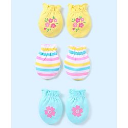 Babyhug 100% Cotton Mittens Floral Printed  & Stripes Pack of 3 - Blue & Yellow