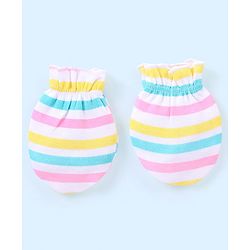 Babyhug 100% Cotton Mittens Floral Printed  & Stripes Pack of 3 - Blue & Yellow