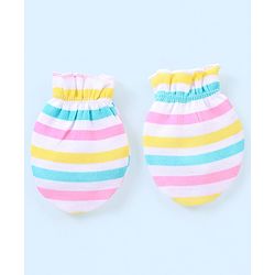 Babyhug 100% Cotton Mittens Floral Printed  & Stripes Pack of 3 - Blue & Yellow
