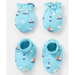 Babyhug 100% Cotton Knit Mittens & Booties Set Boat Print - Blue