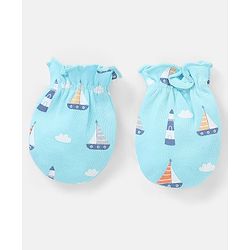 Babyhug 100% Cotton Knit Mittens & Booties Set Boat Print - Blue