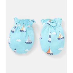 Babyhug 100% Cotton Knit Mittens & Booties Set Boat Print - Blue