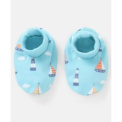Babyhug 100% Cotton Knit Mittens & Booties Set Boat Print - Blue