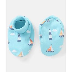 Babyhug 100% Cotton Knit Mittens & Booties Set Boat Print - Blue