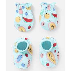 Babyhug 100% Cotton Knit Mittens & Booties Set Fruits Print - Blue