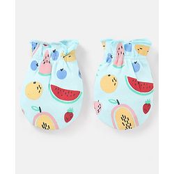 Babyhug 100% Cotton Knit Mittens & Booties Set Fruits Print - Blue