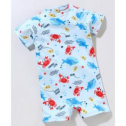 Babyhug Lycra Short Sleeves Legged Swimsuit Sea Animals Print - Blue