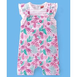 Babyhug 100% Cotton Sleeveless Striped Tee & Dungaree Set Floral  Print- Pink