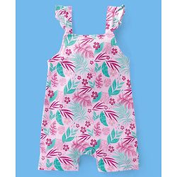 Babyhug 100% Cotton Sleeveless Striped Tee & Dungaree Set Floral  Print- Pink