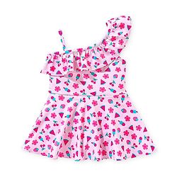 Babyhug Sleeveless Frock Style Singlet Swimsuit with Ruffle Detailing Fruity Print - Pink
