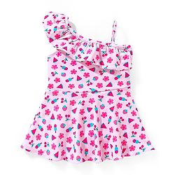 Babyhug Sleeveless Frock Style Singlet Swimsuit with Ruffle Detailing Fruity Print - Pink