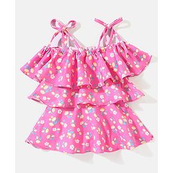 Babyhug Off Shoulder A Line Floral Print Swimsuit Frock - Pink