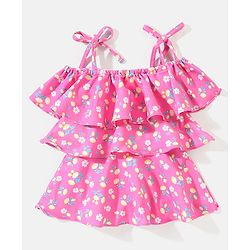 Babyhug Off Shoulder A Line Floral Print Swimsuit Frock - Pink